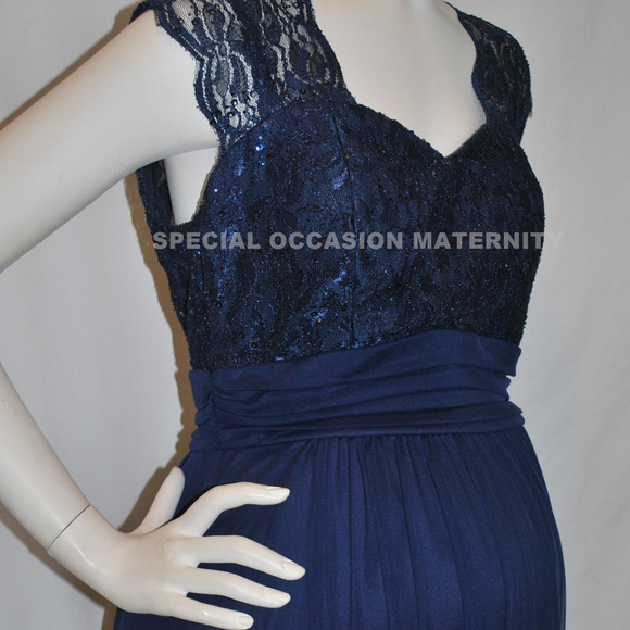 Long Navy Blue Lace Chiffon Maternity Dress NEW - Picture 3 of 6